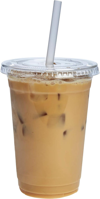 Clear Plastic Cups with Flat Lids [20 oz - 100 Count] - Disposable Iced Coffee Cups with Lids