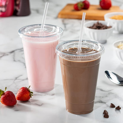 Clear Plastic Cups with Flat Lids [20 oz - 100 Count] - Disposable Iced Coffee Cups with Lids